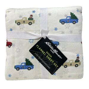 Eddie Bauer Queen Flannel Sheet Set Winter Outing Trucks With Trees Print